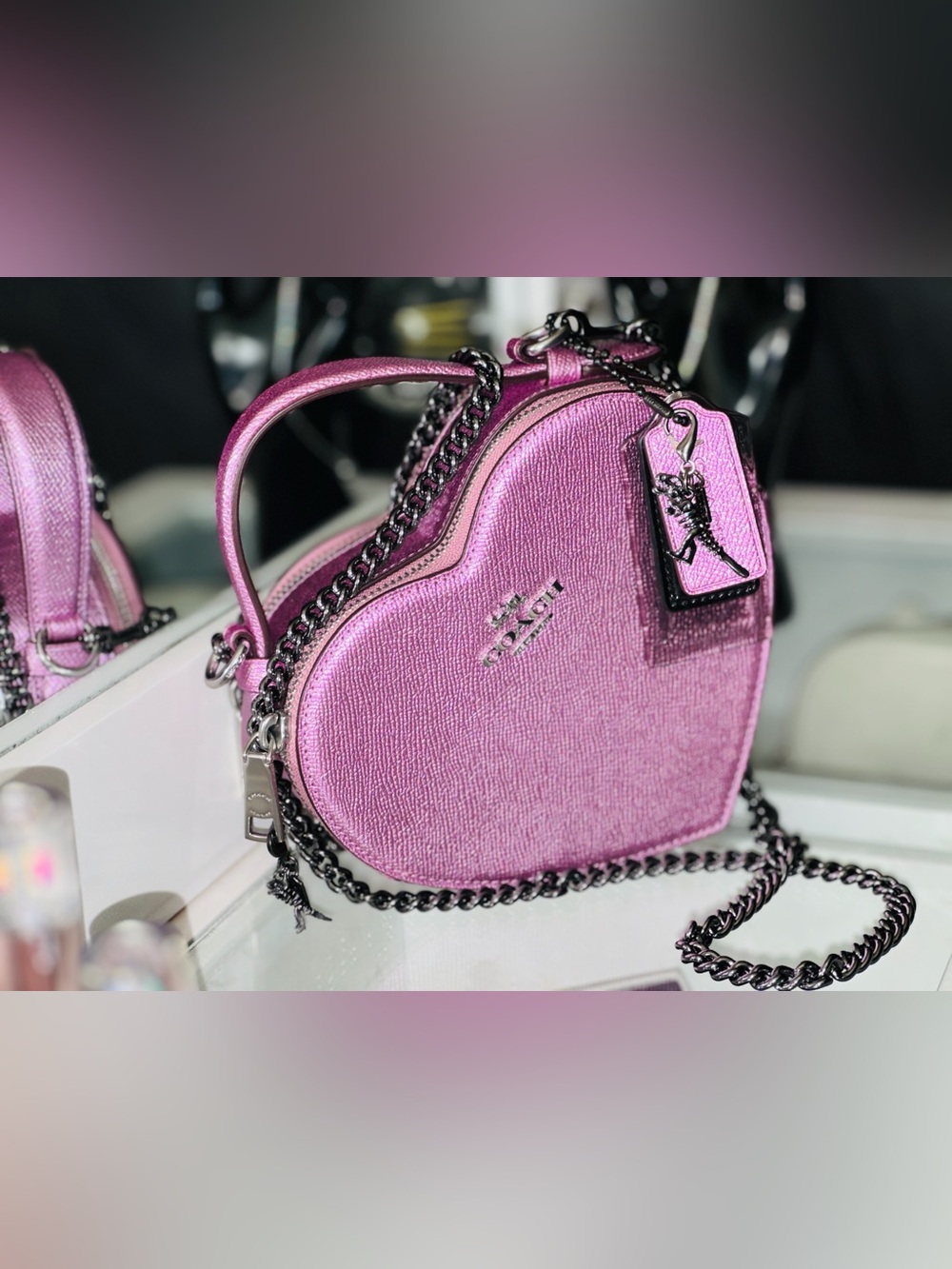 Coach Metallic Pink Heart Crossbody with Flower Charm and Gunmetal Chain
